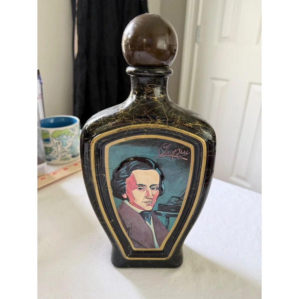 Vintage Edward H Weiss Chopin Portrait Ceramic Decanter 1970's Gold Glaze